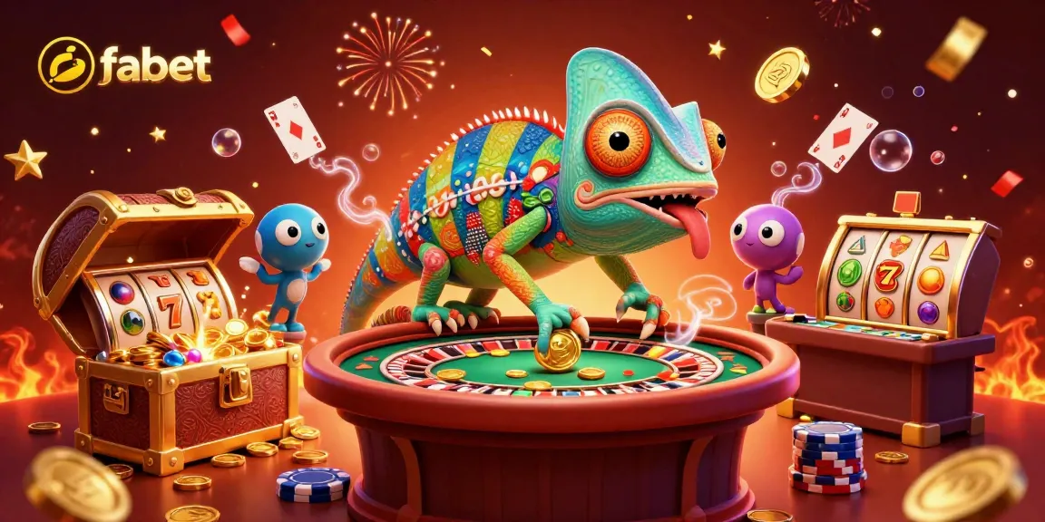 Engage with fabet's thrilling casino atmosphere featuring a chameleon owner amidst slot reels and gold coins.