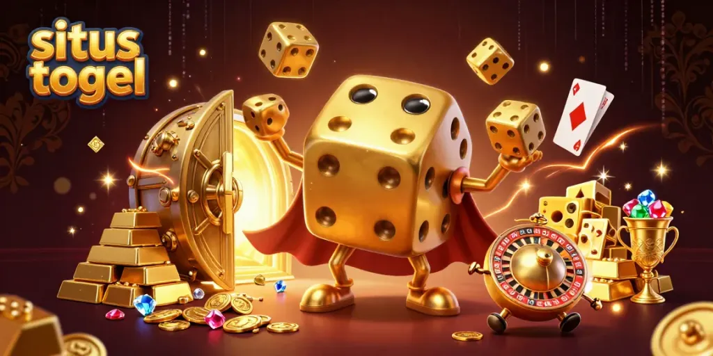 Experience the excitement of situs togel with a lively illustration of golden dice and sparkling treasures.