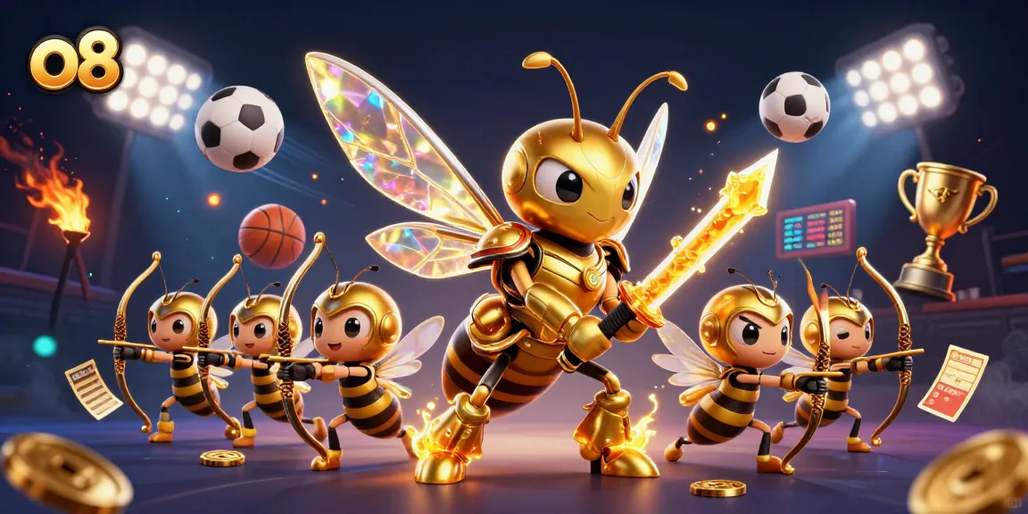 Cheerfully bet on o8 with a dynamic golden hornet wielding katanas in a vibrant casino setting.